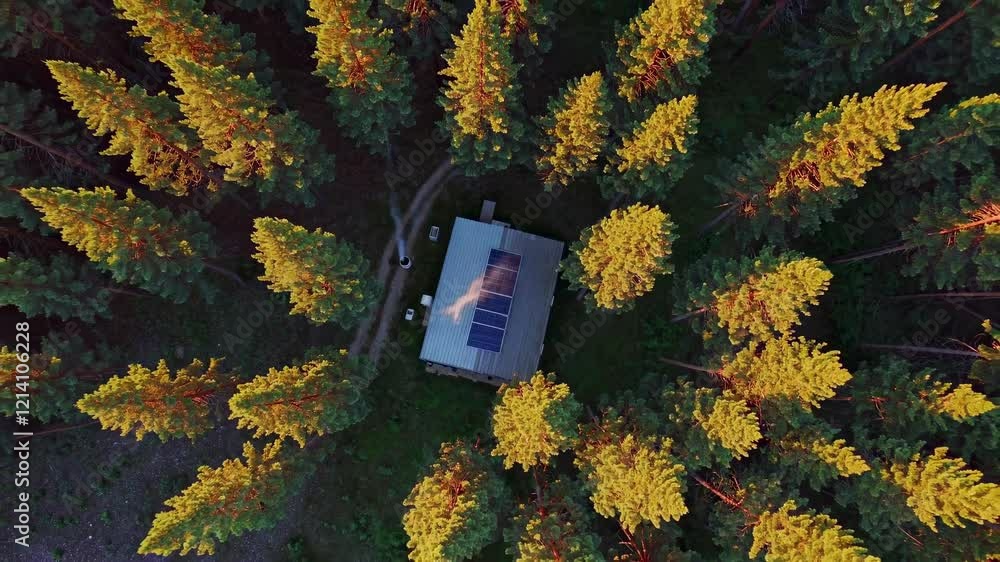 Poster exploring a solar-powered cabin nestled among vibrant conifer trees in a serene forest