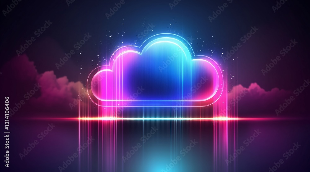 Poster glowing digital cloud icon with radiant data stream in a vibrant visualization of modern technology