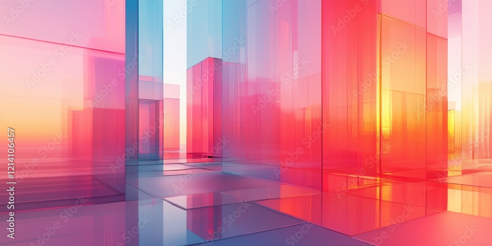 Poster futuristic design features layered translucent shapes reflecting vibrant colors during sunset in an 