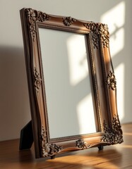 An ornate empty picture frame stands on a wooden surface bathed in light