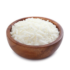 Soy wax in wooden bowl isolated on white