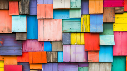 A vibrant collage of colorful wooden panels arranged in a visually striking pattern.