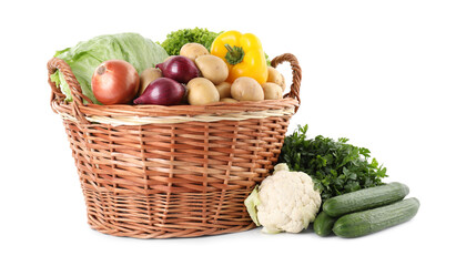Different ripe vegetables in wicker basket isolated on white