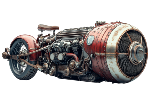 Rustic Red Custom Motorcycle with Jet Engine Isolated on transparent Background