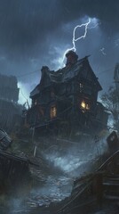 Fototapeta premium Stormy Night: Abandoned House, Rain