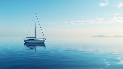 Fototapeta premium Tranquil yacht anchored in a secluded bay during a calm early morning on calm blue waters