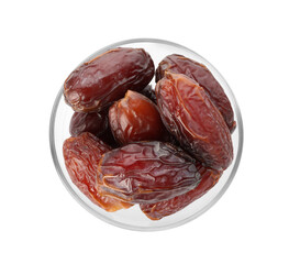 Tasty dried dates in bowl isolated on white, top view