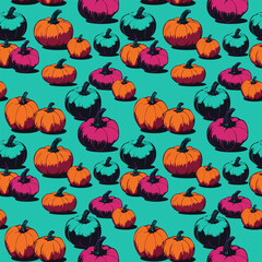 Pattern with stylized pumpkins.Vector seamless pattern with bright stylized pumpkins on a colored background.