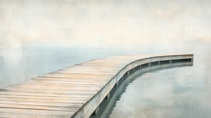 Curved wooden pier extends into calm water.