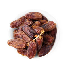 Tasty dried dates in bowl isolated on white, top view
