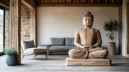 Wooden Buddha Sculptures for Nirvana Day Themed, serene wooden Buddha statue in minimalist interior space