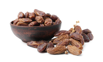 Bowl with tasty dried dates isolated on white