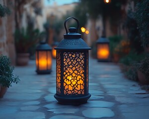 Illuminated lanterns line a stone pathway at dusk.