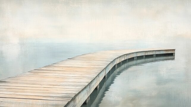 Fototapeta Curved wooden pier extends into calm water.