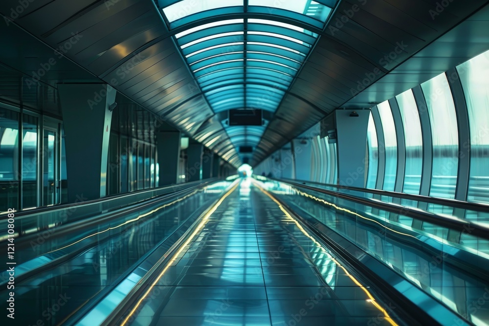 Poster empty moving walkway passing through a modern building with futuristic architecture