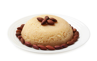 Delicious semolina halva with almonds isolated on white