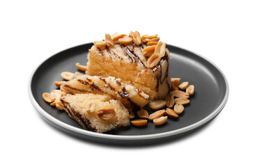 Delicious sweet semolina halva with peanuts isolated on white