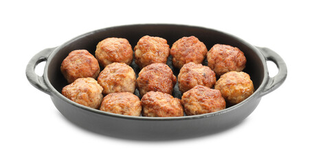 Tasty meatballs in baking dish isolated on white