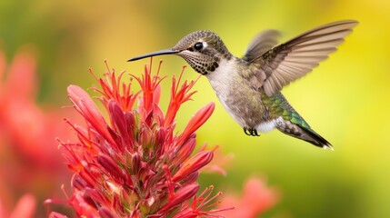 Fototapeta premium Close-up of a hummingbird hovering near a vibrant red bloom.
