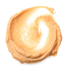 Sample of tasty nut butter isolated on white, top view