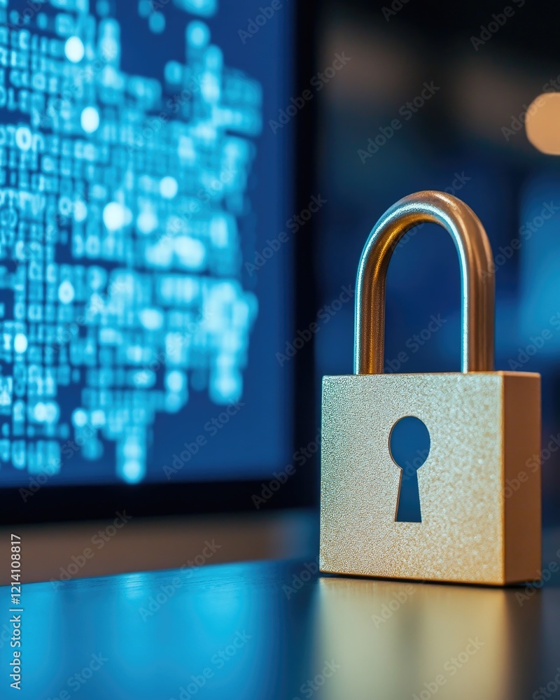 Poster secure lock with digital data in background illustrating cybersecurity