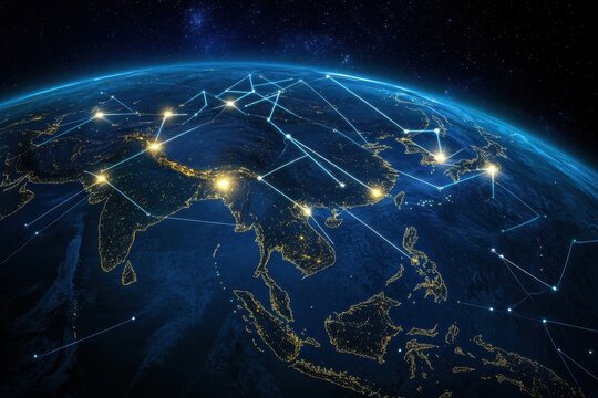 Global network connections, Asia at night, space background, data visualization