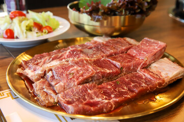 Korean traditional BBQ food. raw beef ribs