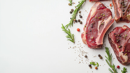 fresh goat  meat  , tomato and rosemary isolated on white background