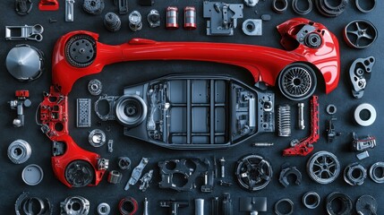 A detailed view of car assembly parts laid out neatly in a workshop