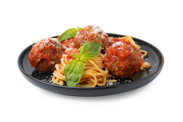 Delicious pasta with meatballs, basil and cheese isolated on white