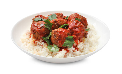Delicious meatballs with rice, sauce and parsley isolated on white