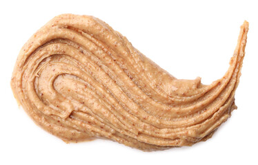 Sample of tasty nut butter isolated on white, top view