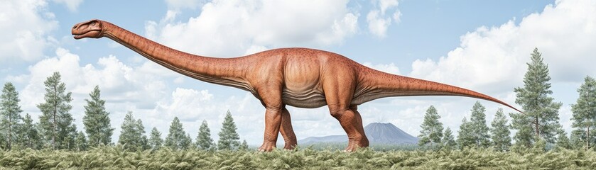 Fototapeta premium Majestic Long-Necked Dinosaur Walking through Lush Prehistoric Landscape
