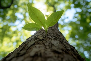 Obraz premium Leaf sprouting from tree trunk, sky backdrop