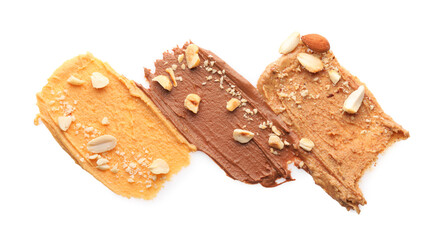 Different nut butters and nuts isolated on white, top view