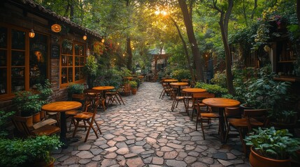 Serene Garden Cafe: Picturesque Pathway with Wooden Tables and Lush Greenery