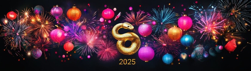 Festive Celebration Poster for the Year of the Snake with Sparkling Fireworks and Colorful Lanterns