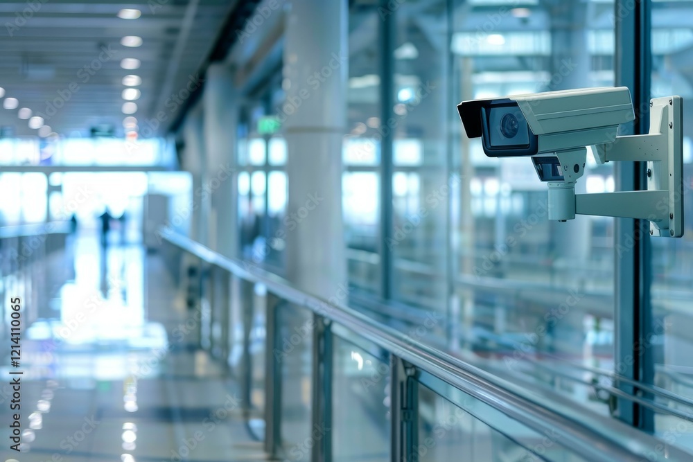 Poster security camera monitoring a modern building with people walking in the background
