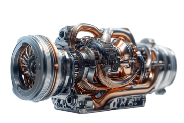 High Detail 3D Render of a Complex Metal Engine Isolated on transparent Background
