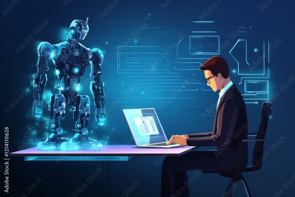 Poster engineer programming futuristic robot using laptop and hologram technology in augmented reality
