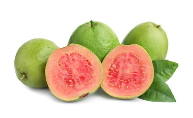 Fresh whole and cut guava fruits isolated on white