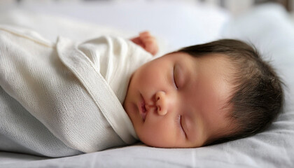 ベビーベッドに横たわり毛布をかけて眠る新生児の赤ちゃん　育児・成長・子育てのイメージ