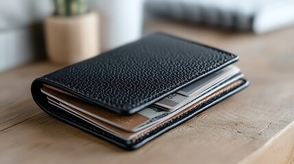 Leather wallet on wood, cards inside, home office background