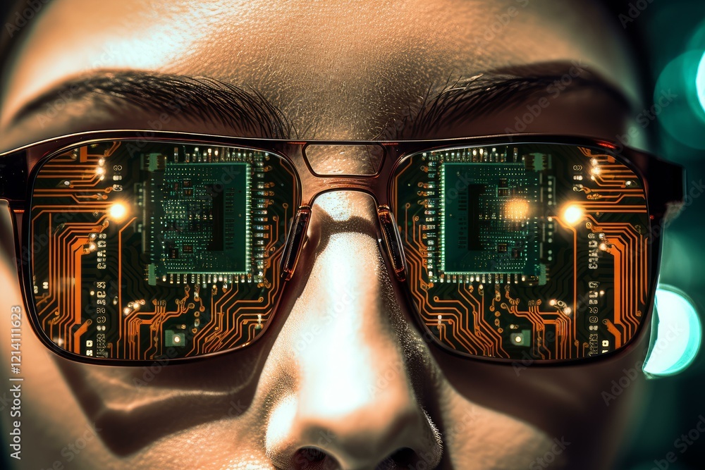 Poster close up of futuristic glasses reflecting printed circuit board and microchip, showcasing augmented 