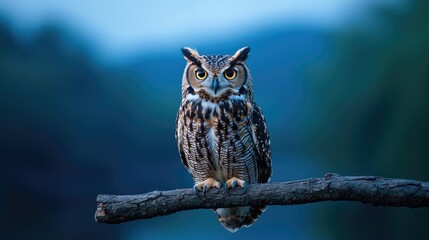 Obraz premium Majestic Owl Perched on Branch at Dusk
