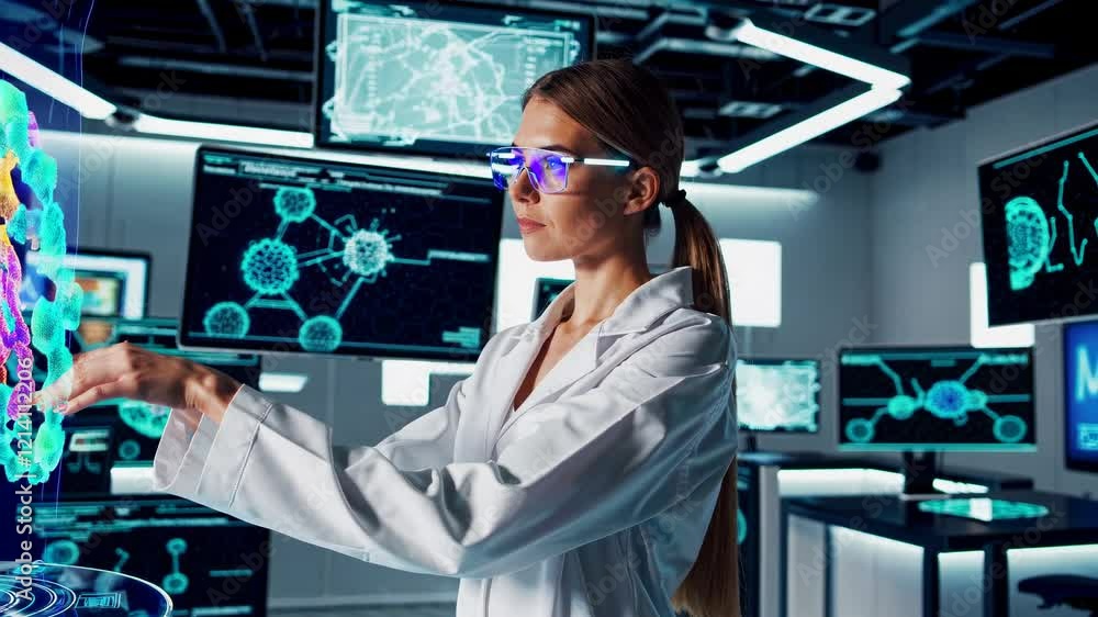 Poster scientist explores molecular structures in advanced laboratory setting during evening research sessi