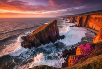 Obraz premium Dramatic Sunset over Ocean Cliffs with Crashing Waves and Wildflowers