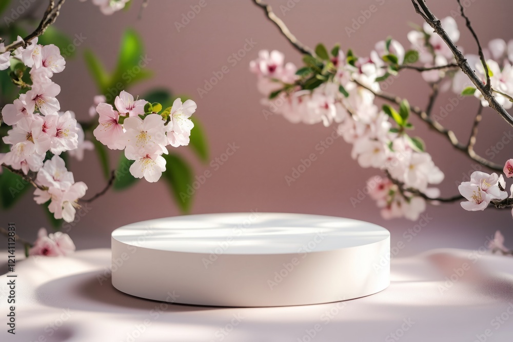 Poster minimal podium with cherry blossoms in a softly lit setting creates a serene display