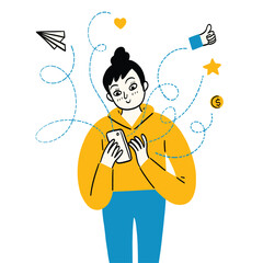 Beautiful girl is using mobile phone, checking messages, emails, social media. Hand drawing vector illustration.