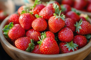 Bright organic strawberries arranged in a wooden bowl for light spring desserts and treats